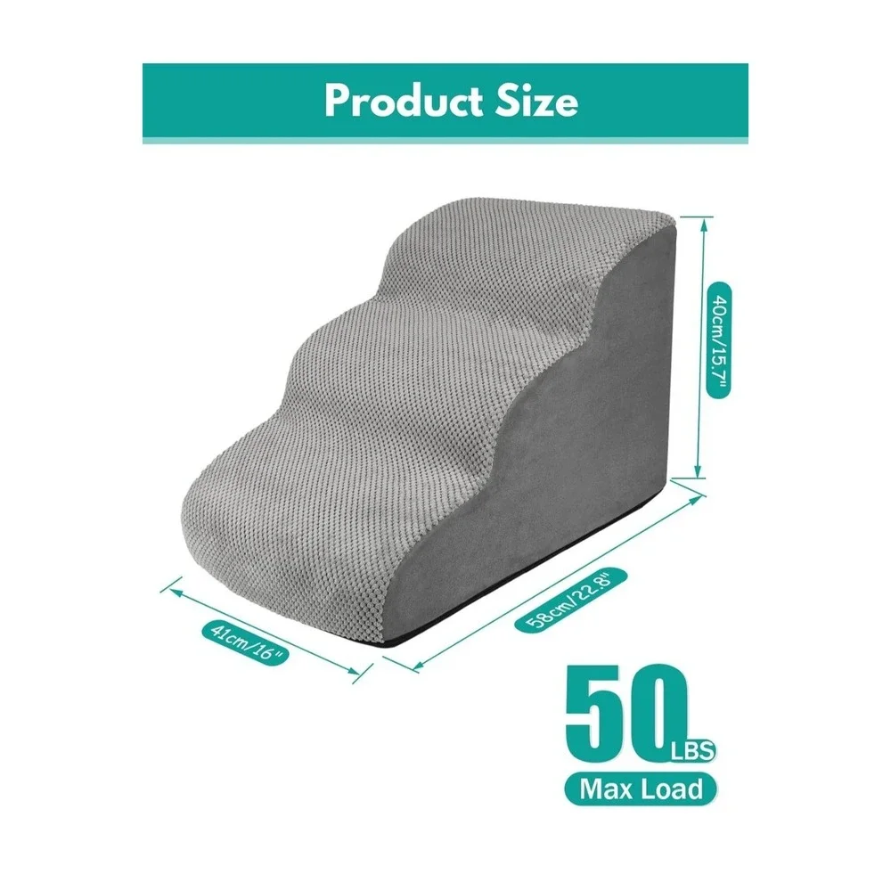 Petbank 3 Step Dog Stairs Foam Pet Ramp 23x16x15.7 Gray Washable Cover NOB